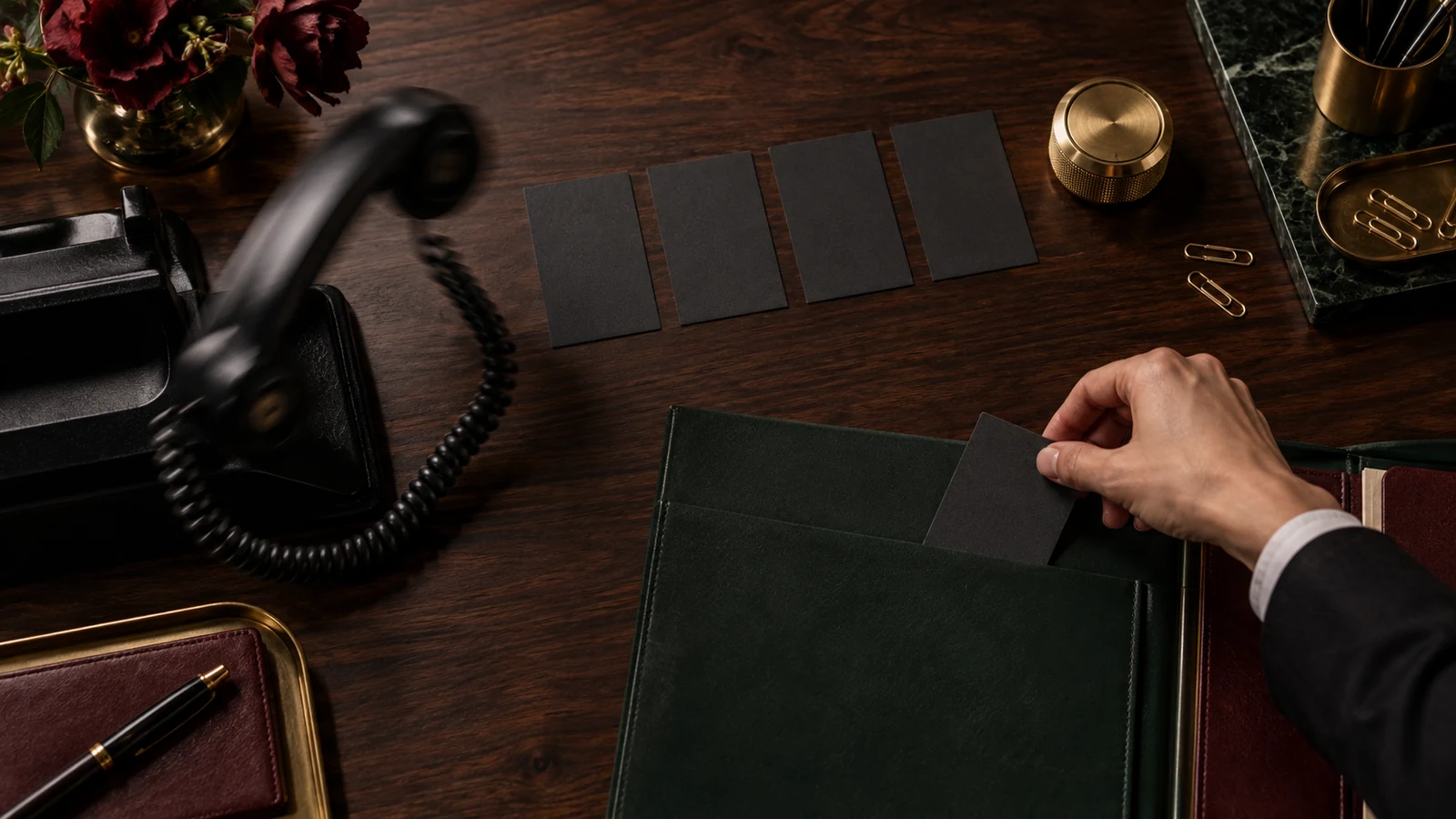 A hand moves a blank callback card into a green folder beside a ringing phone, brass timer, and orderly card row