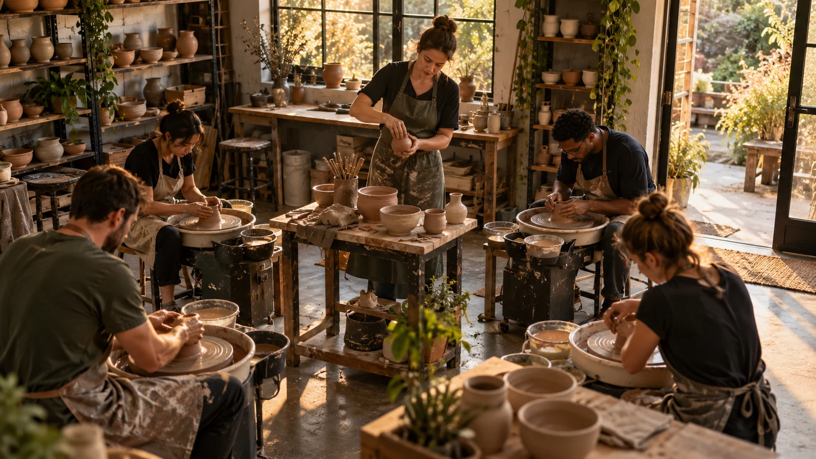 A pottery studio owner leads a small pilot workshop while four prospective customers work at clay wheels in warm afternoon light