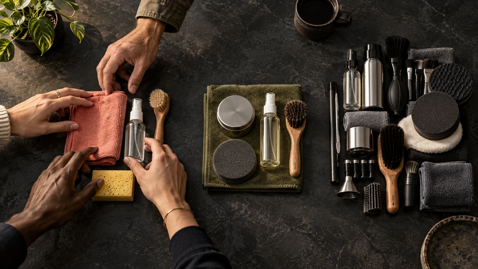 Customer hands choose a simple unbranded service kit while a larger overbuilt kit remains untouched on dark slate