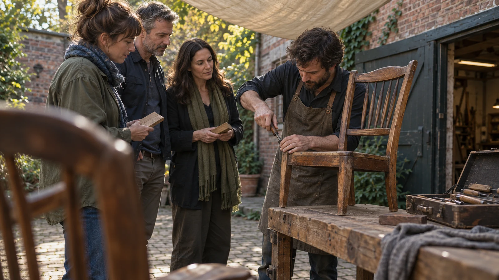 A furniture-restoration specialist demonstrates a chair repair while three prospective customers inspect wood samples