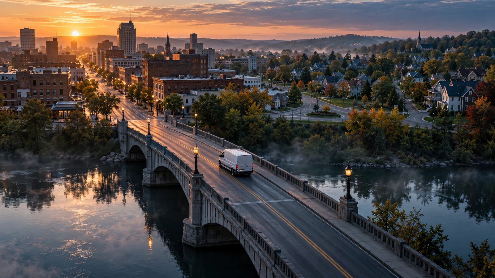 An unbranded service van crosses a river bridge from a downtown district toward a residential neighborhood at sunrise