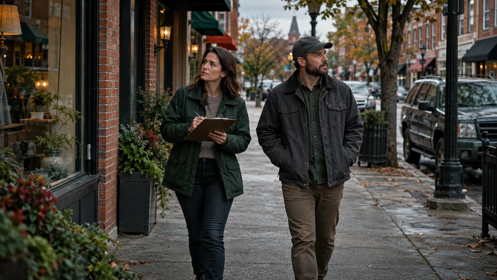 Two service-business operators survey a brick-lined commercial district while one records observations on a clipboard