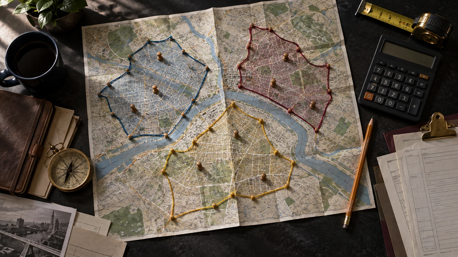 A city map on a dark table shows three service zones marked with colored cord, pins, a compass, and a calculator