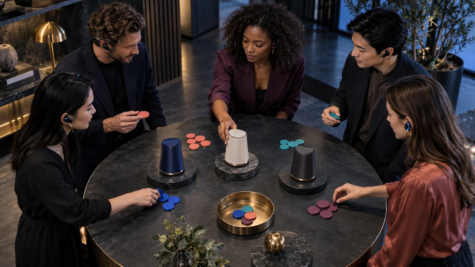 Five customers wearing interpretation headsets compare three unbranded products around a dark circular table