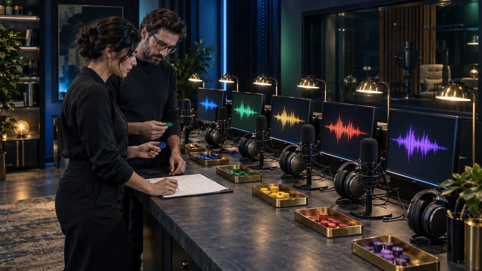 Two market researchers compare five audio testing stations with microphones, headsets, and colored waveforms