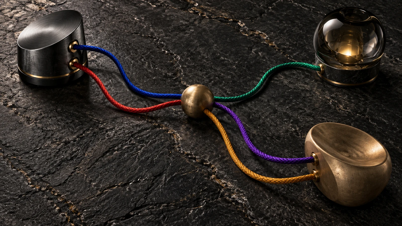 Five colored cords route one brass question sphere toward three different recommendation objects on dark stone