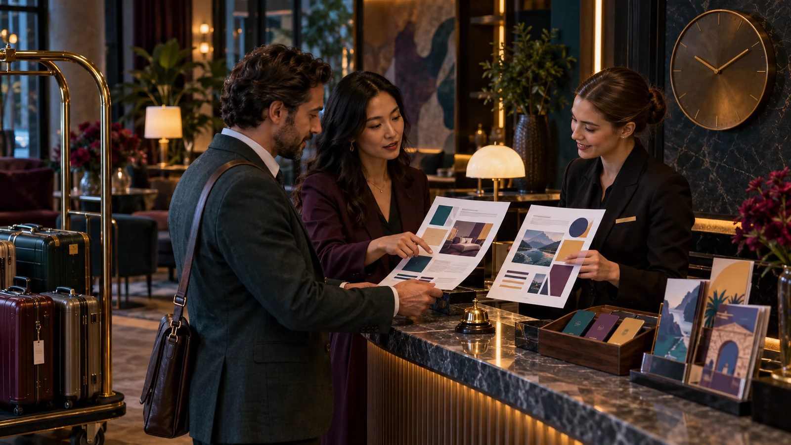 A hotel owner and translator compare localized service layouts with a front-desk employee in a dark lobby