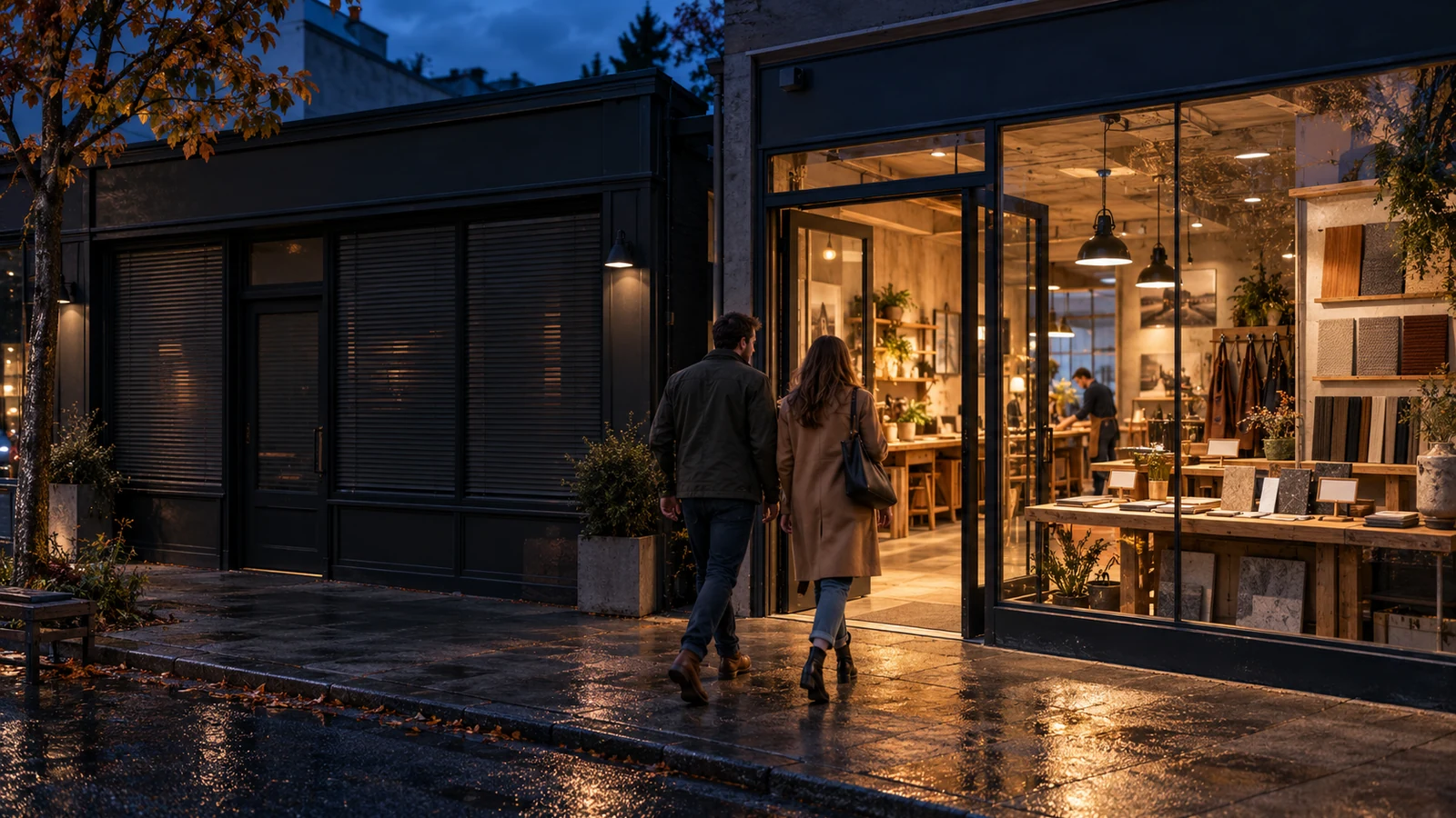 A couple walks toward a warmly lit service workshop beside a neighboring storefront with closed blinds at blue hour