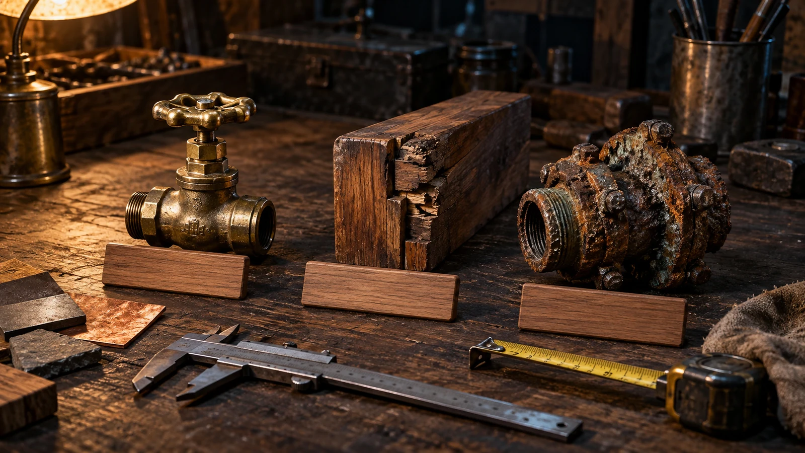 Three service components with different wear levels sit on a workshop bench beside measuring tools and blank wooden markers
