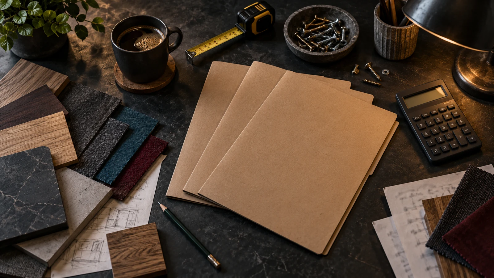 A dark pricing worktable holds a calculator, measuring tape, material swatches, blank job folders, and cost notes