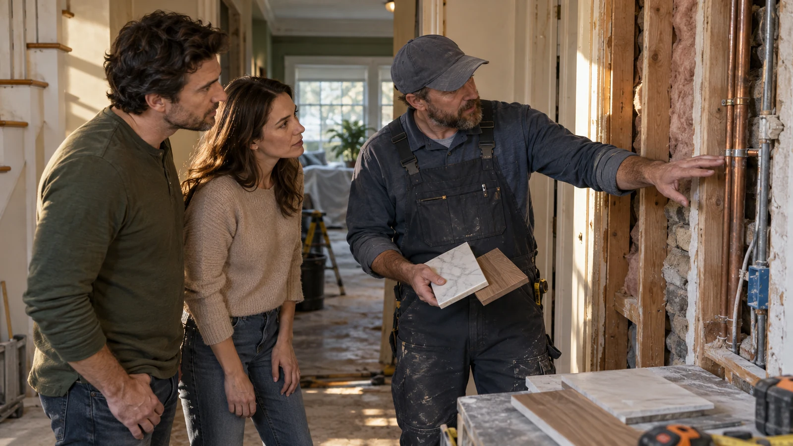A service professional shows two homeowners the access, material, and wall conditions that affect a renovation quote