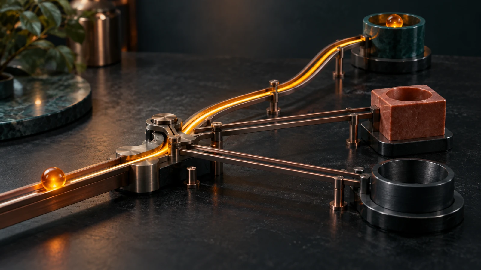 A glowing amber bead moves through a copper switchyard toward three stone destinations on a dark workbench