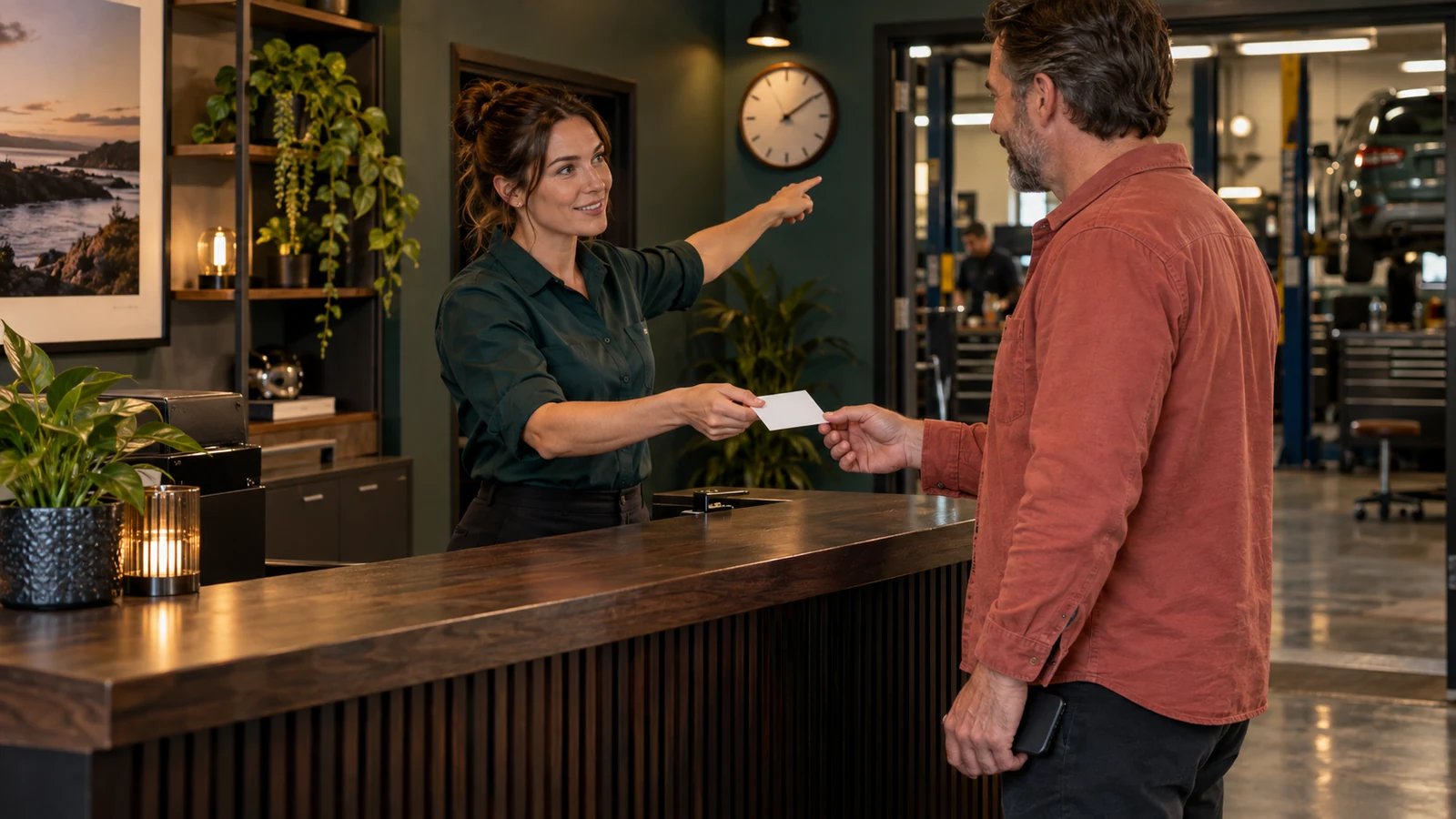 Office coordinator hands a blank inquiry card to a field technician beside a routing board.