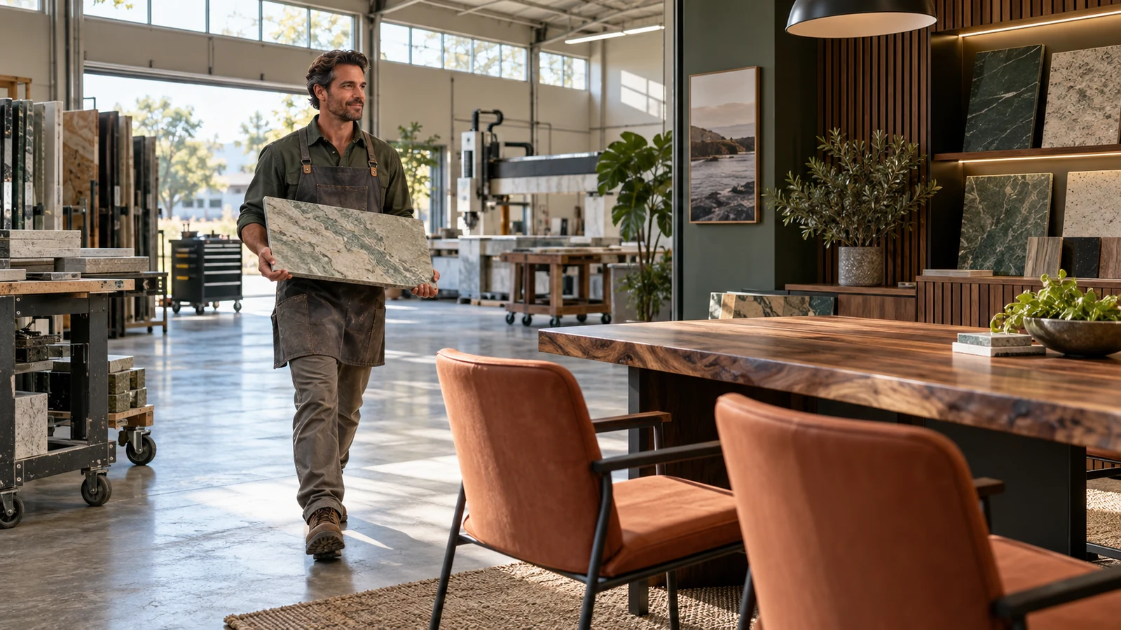 An estimator crosses a bright workshop carrying a finished project sample toward an open customer consultation area
