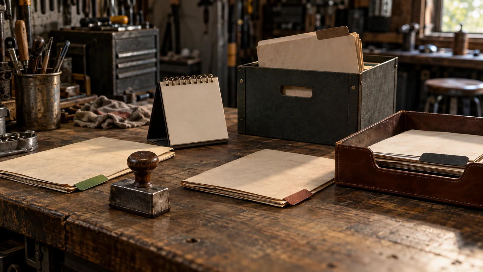 Four groups of blank quote folders sit on a worn workshop bench beside a calendar, stamp, archive box, and return tray