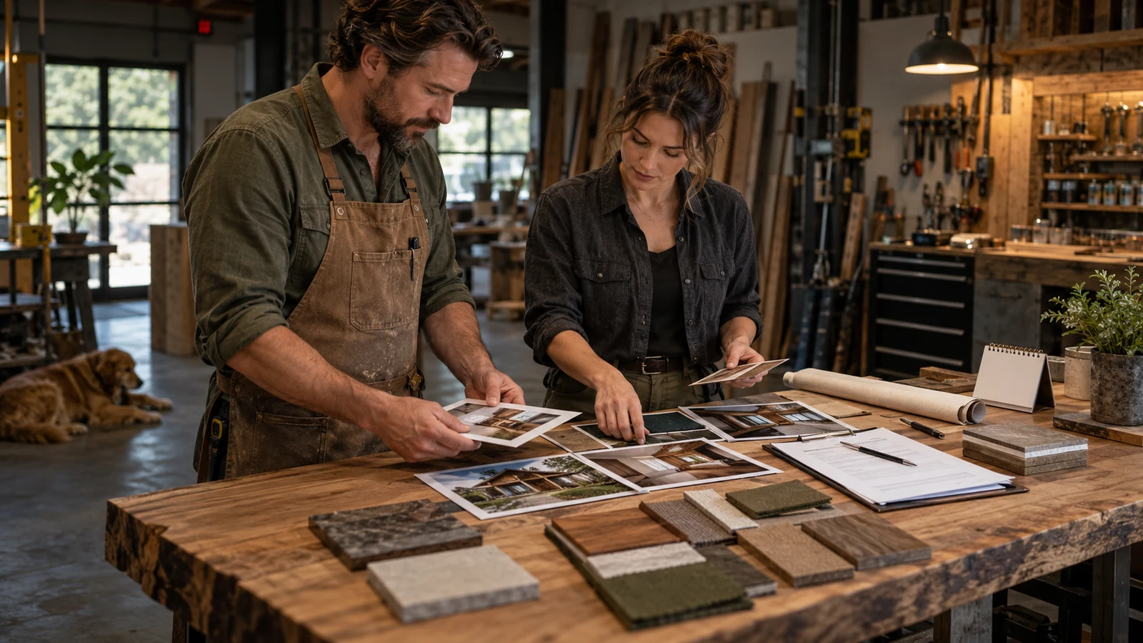 A service owner and coordinator organize project photos and material samples on a workshop table