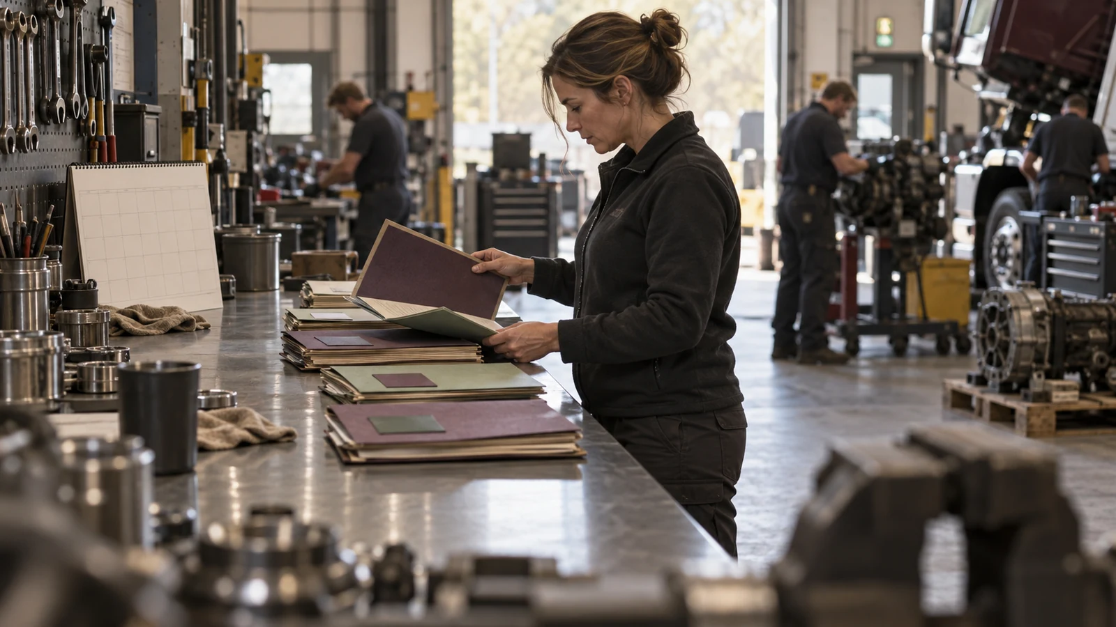 A service manager reviews tagged project folders while technicians work in the background