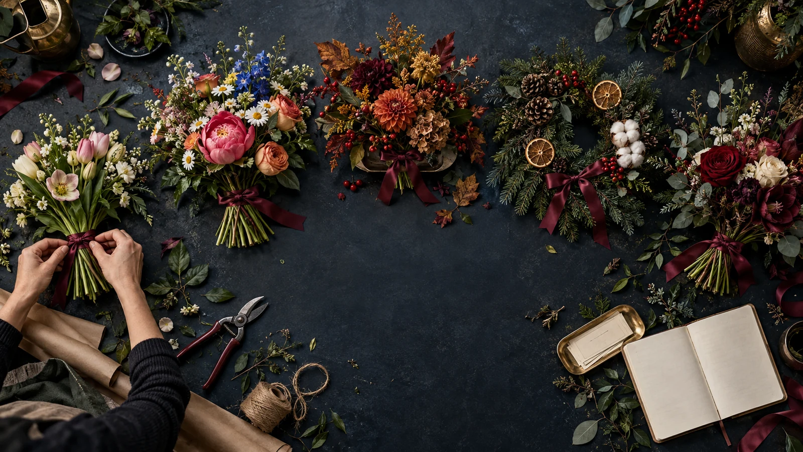 A florist arranges five seasonal customer orders across a dark counter, linking repeat purchases with burgundy ribbon