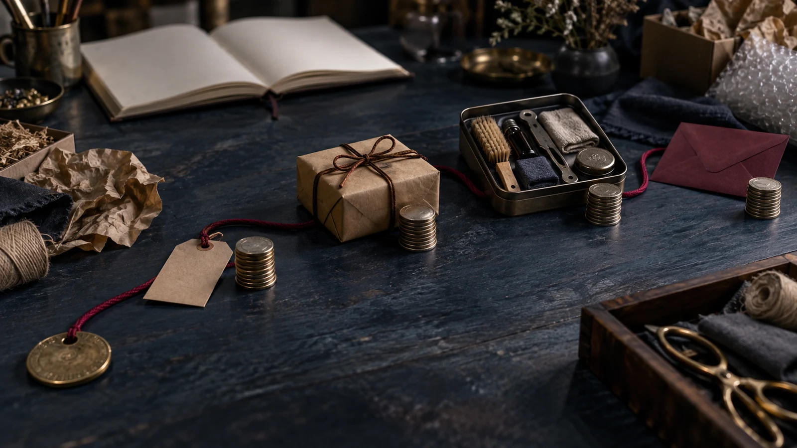 A brass customer token connects to repeat purchases and coin stacks across a dark indigo worktable