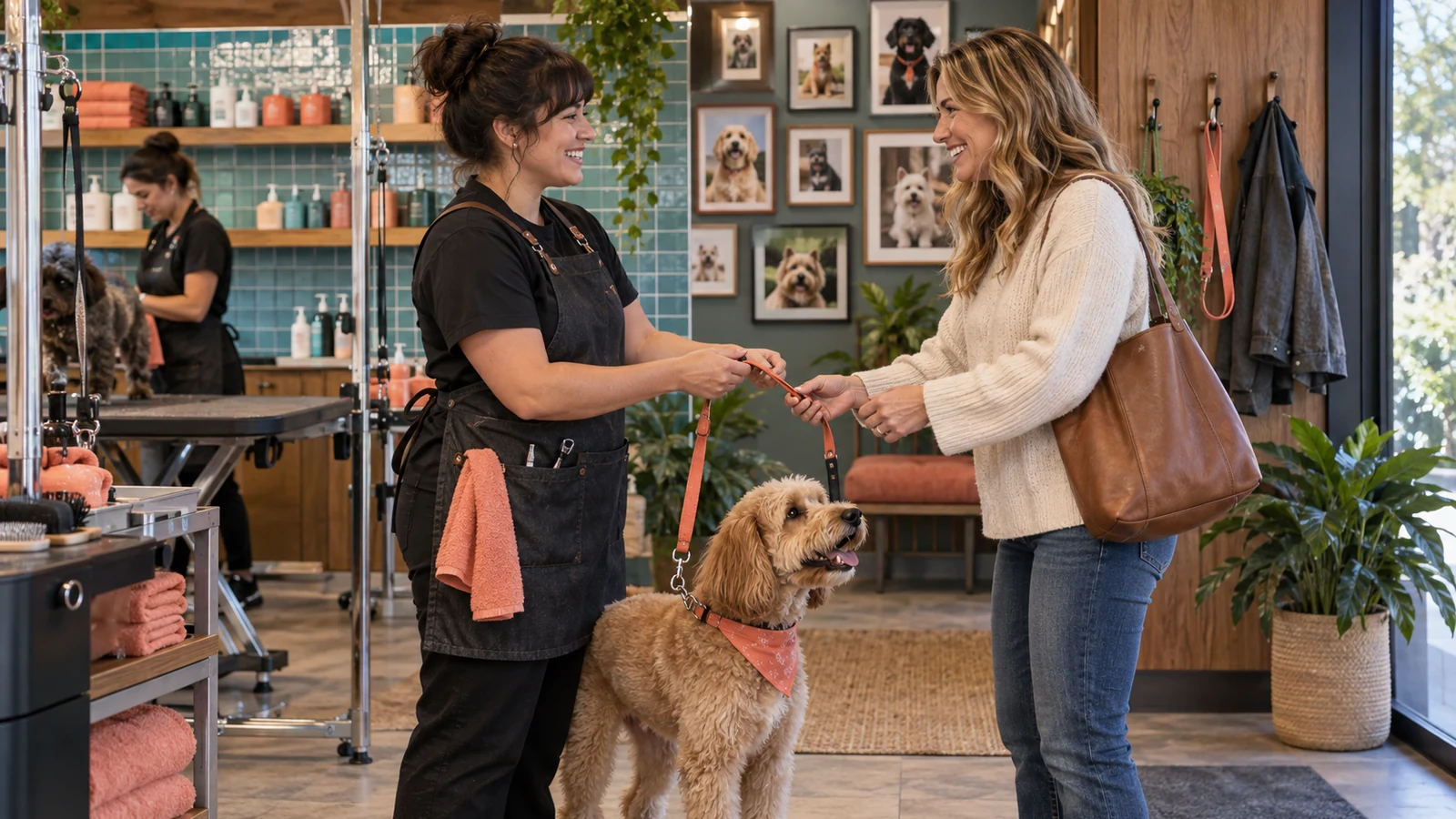 A groomer transfers a coral leash and freshly groomed dog to a returning customer in a teal studio