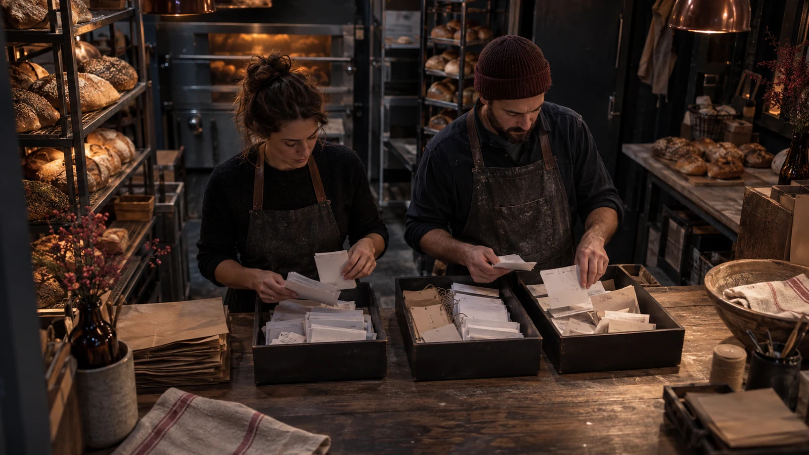 Two bakery owners sort order slips, cost records, and repeat-customer tags into dark trays after closing