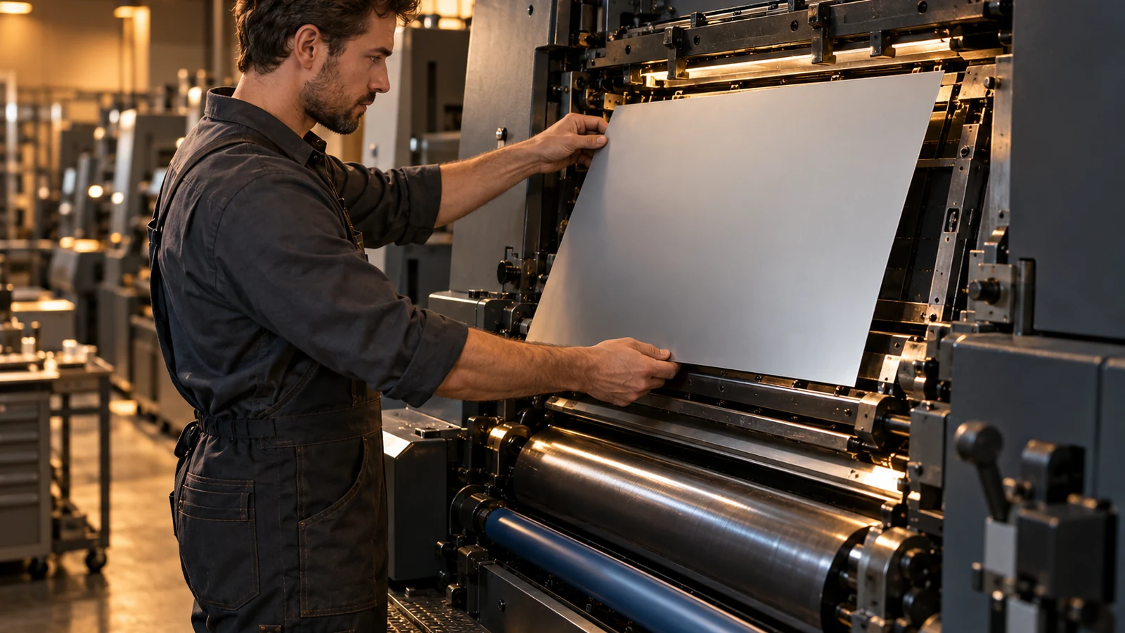 A print technician changes a blank documentation plate on an industrial press as fresh pages move through the rollers
