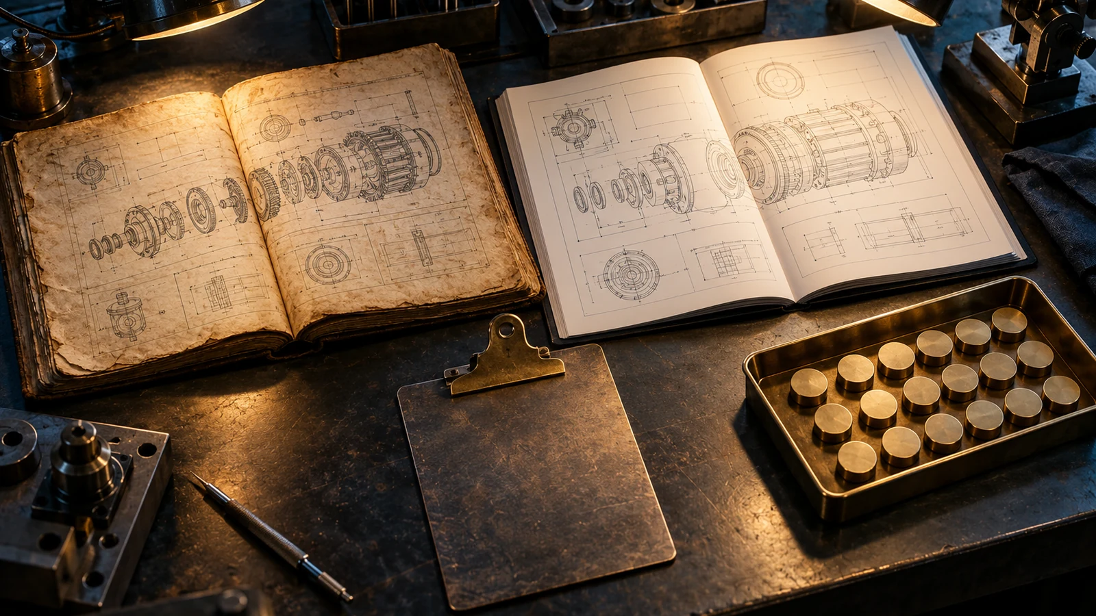 An old technical manual and a current manual lie open under inspection lights beside an empty document clip and organized quota tokens