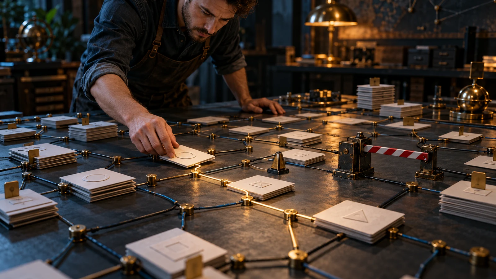 A site technician traces one important page through crawl paths, sitemap routes, canonical markers, and a blocked security gate
