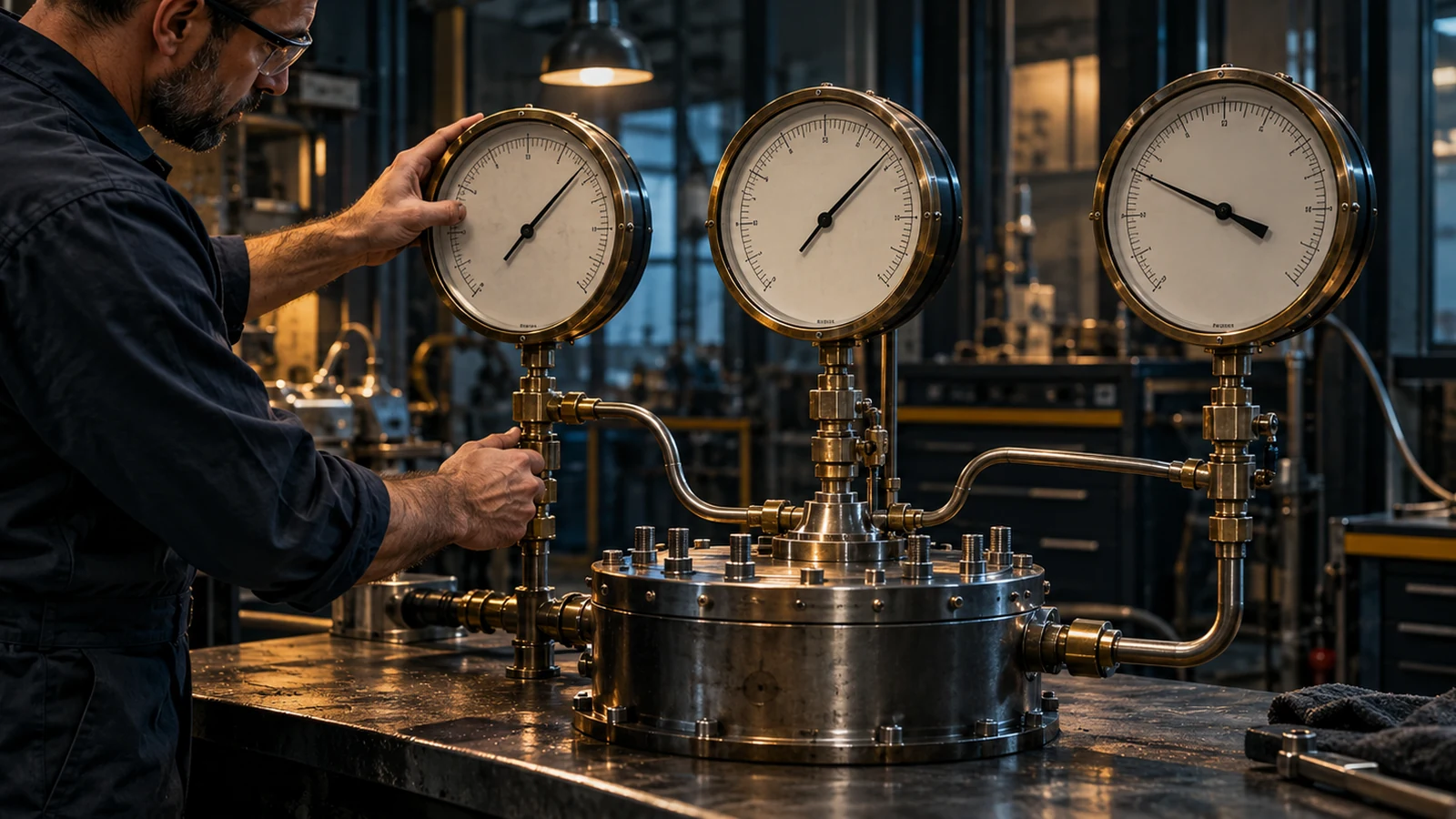 A calibration technician compares three precision gauges on a dark test bench while one instrument shows a conflicting reading
