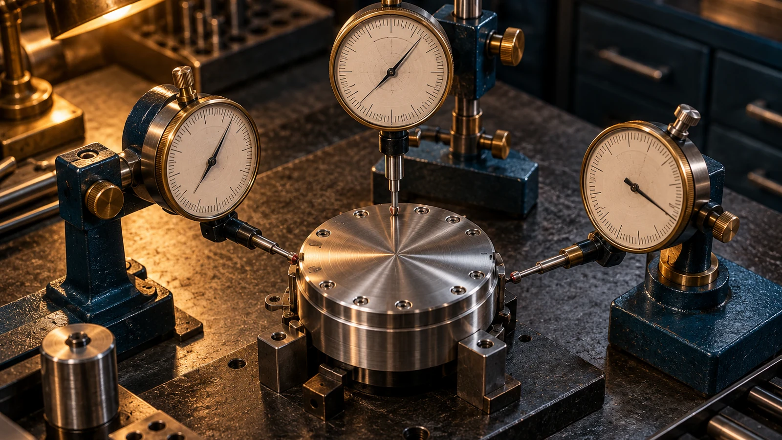 Three independent precision gauges measure the same sealed sample while one instrument conflicts with the others