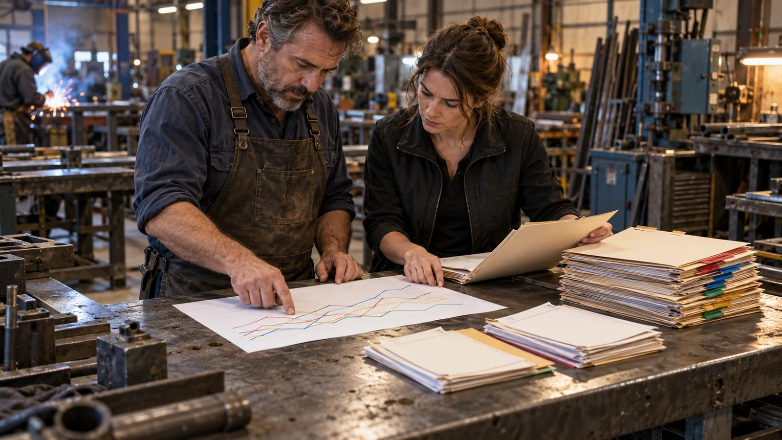 An owner and analyst compare a printed search report with call records, booking slips, and completed job folders