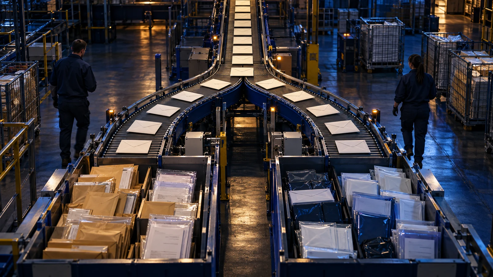 Two workers monitor parallel postal sorting lines that send identical requests toward different evidence packets