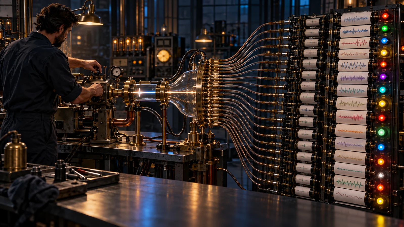 Technician operates a branching signal apparatus that produces varied analog traces across repeated test channels