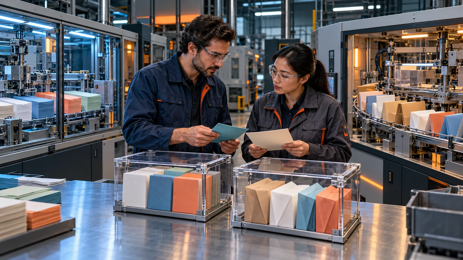 Two analysts compare sealed output samples from an API test line and a consumer product test line