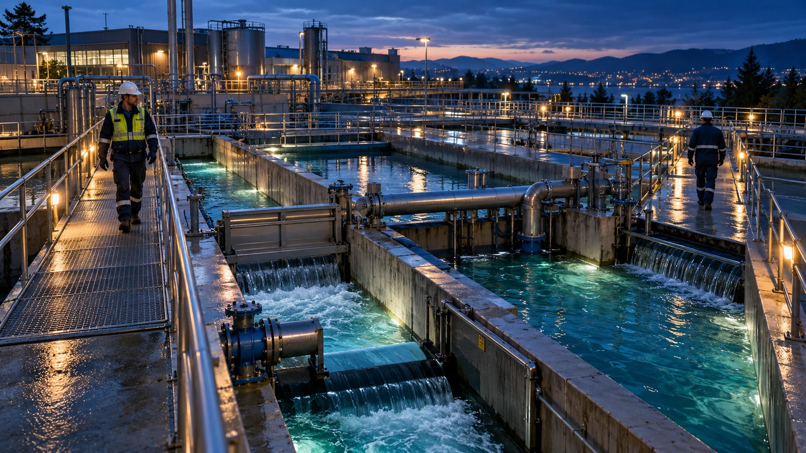A maintenance team inspects crawler traffic through a branching waterworks filtration facility at dusk