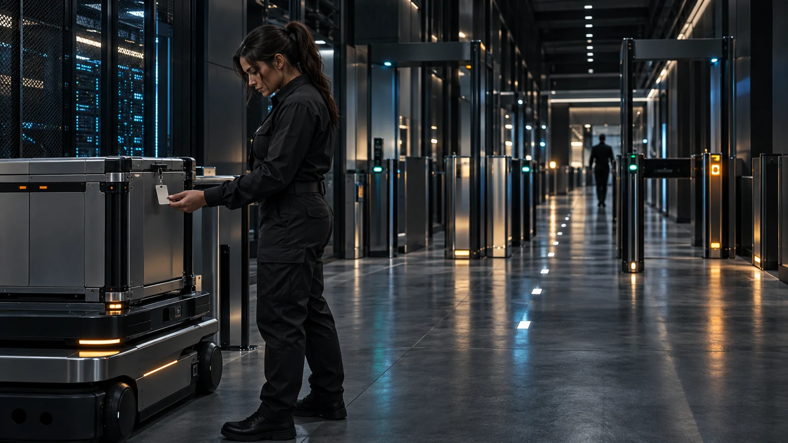 A security operator compares an authenticated machine badge with a live trail of crawler behavior through a data facility