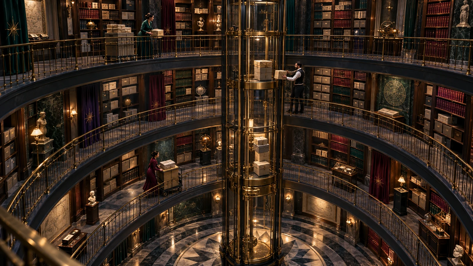 A circular archive uses four illuminated balcony levels and a central book lift to sort source packets