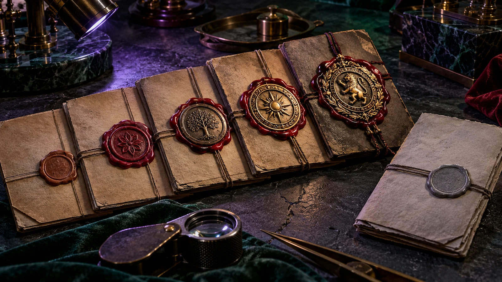 Five sealed source folders and one ungraded folder sit beside a jeweler loupe on a dark examination table