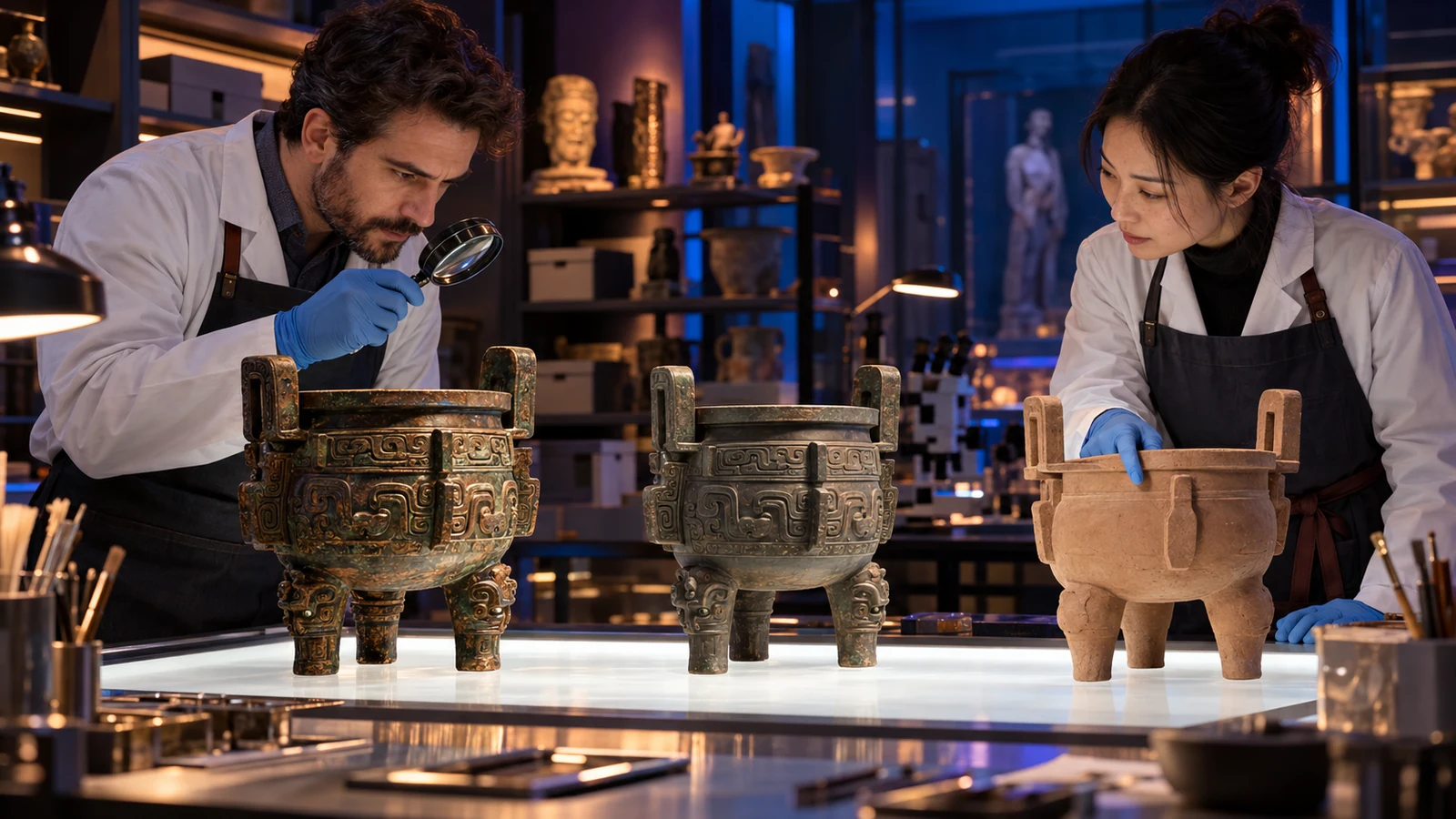 Two museum reviewers compare an ornate original vessel with faithful and simplified interpretations