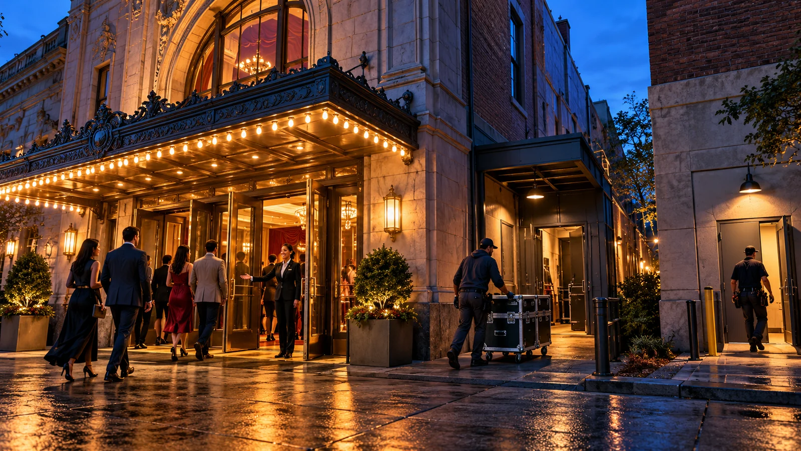 Theater crew members organize separate backstage access routes for different equipment and visitors