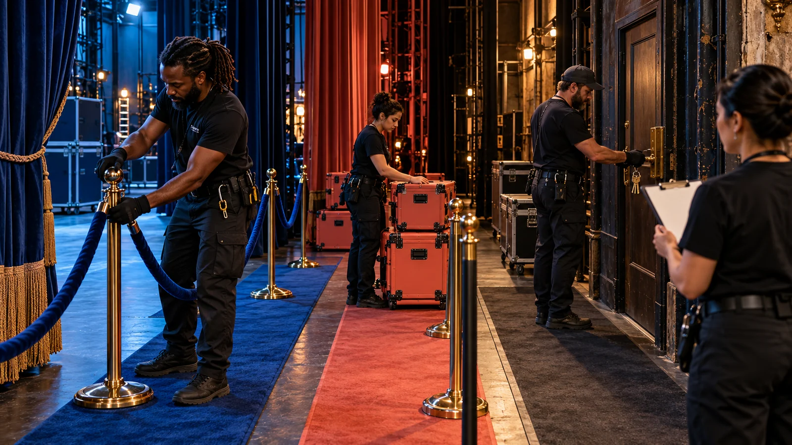 Three theater crew members reset separate backstage lanes using ropes, keys, and equipment cases