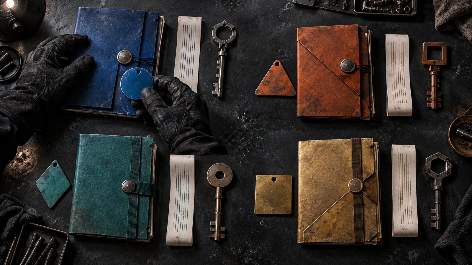 Four crawler identity tags are matched with policy folders, server logs, and access keys on an inspection bench