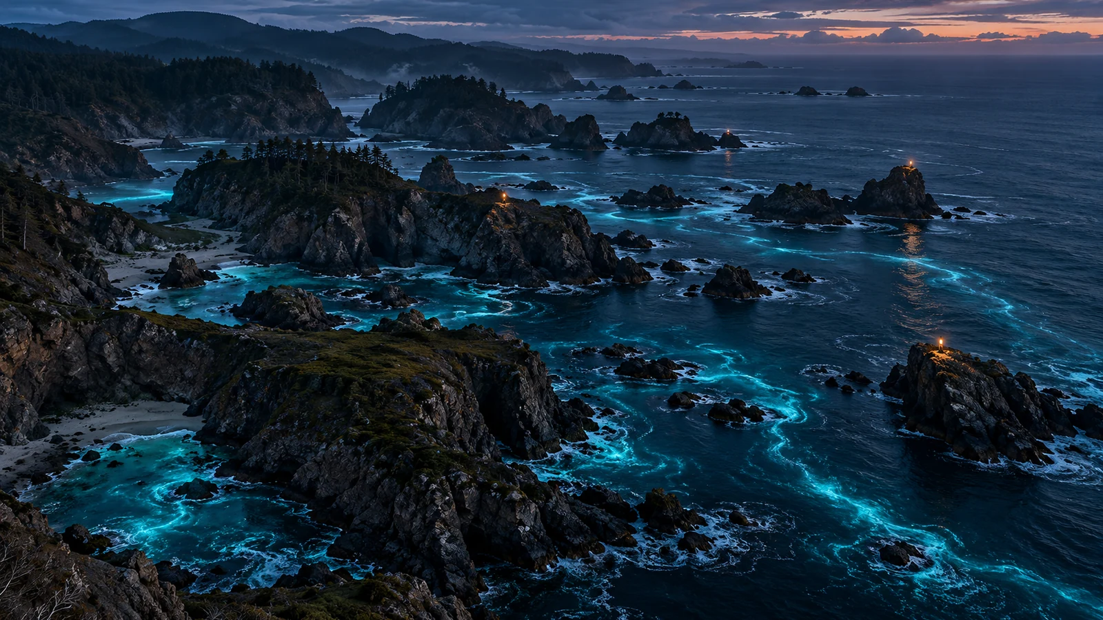 An aerial coastline reveals hidden coves connected by bioluminescent currents at blue hour