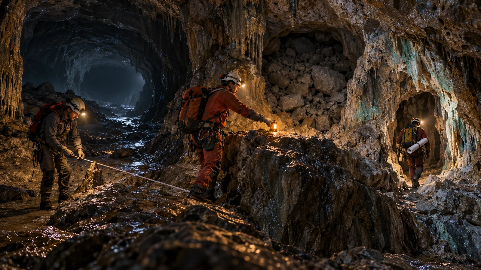 Three cave surveyors map open, blocked, and newly revealed passages