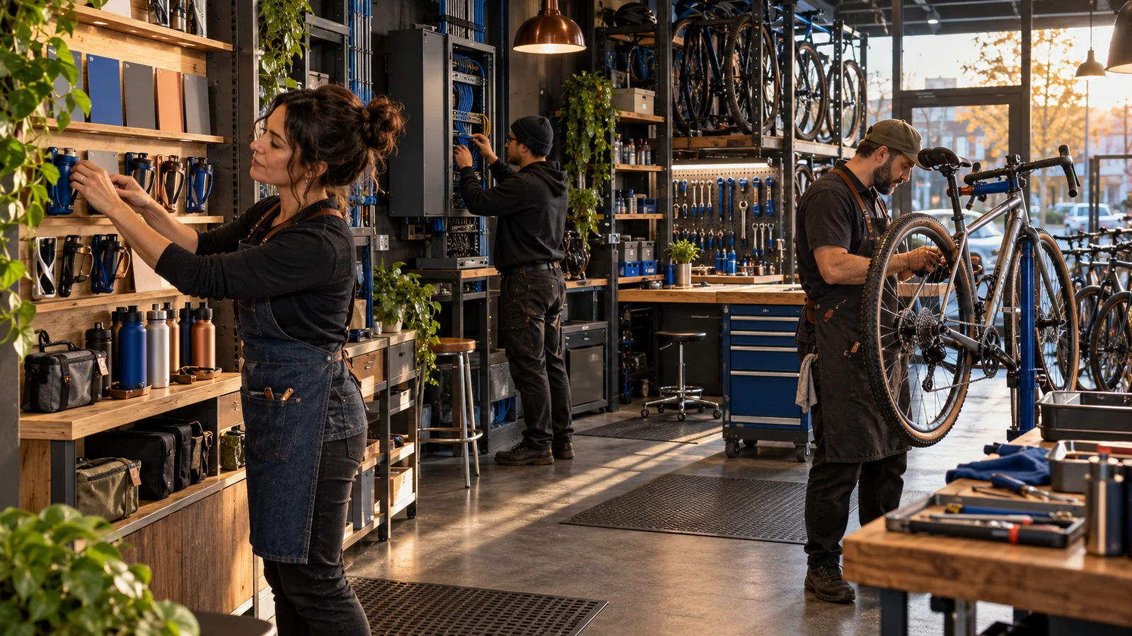 A bicycle shop team updates public information, network access, and a repaired bike