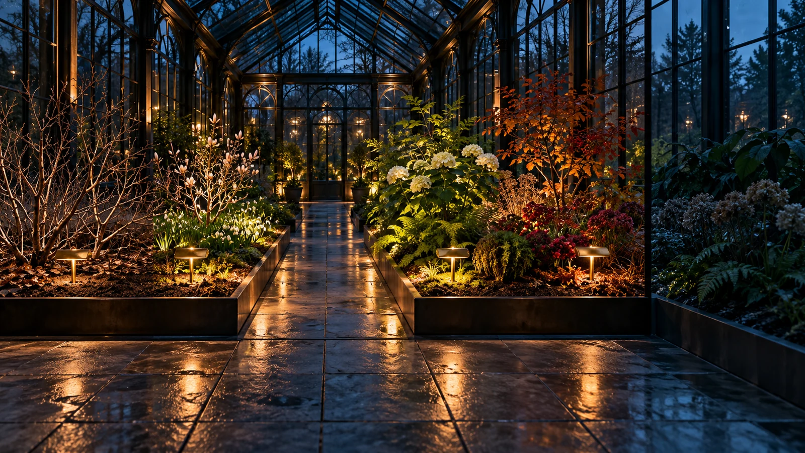 A blue-hour conservatory shows seasonal plant beds while one healthy bed remains outside the illuminated sequence