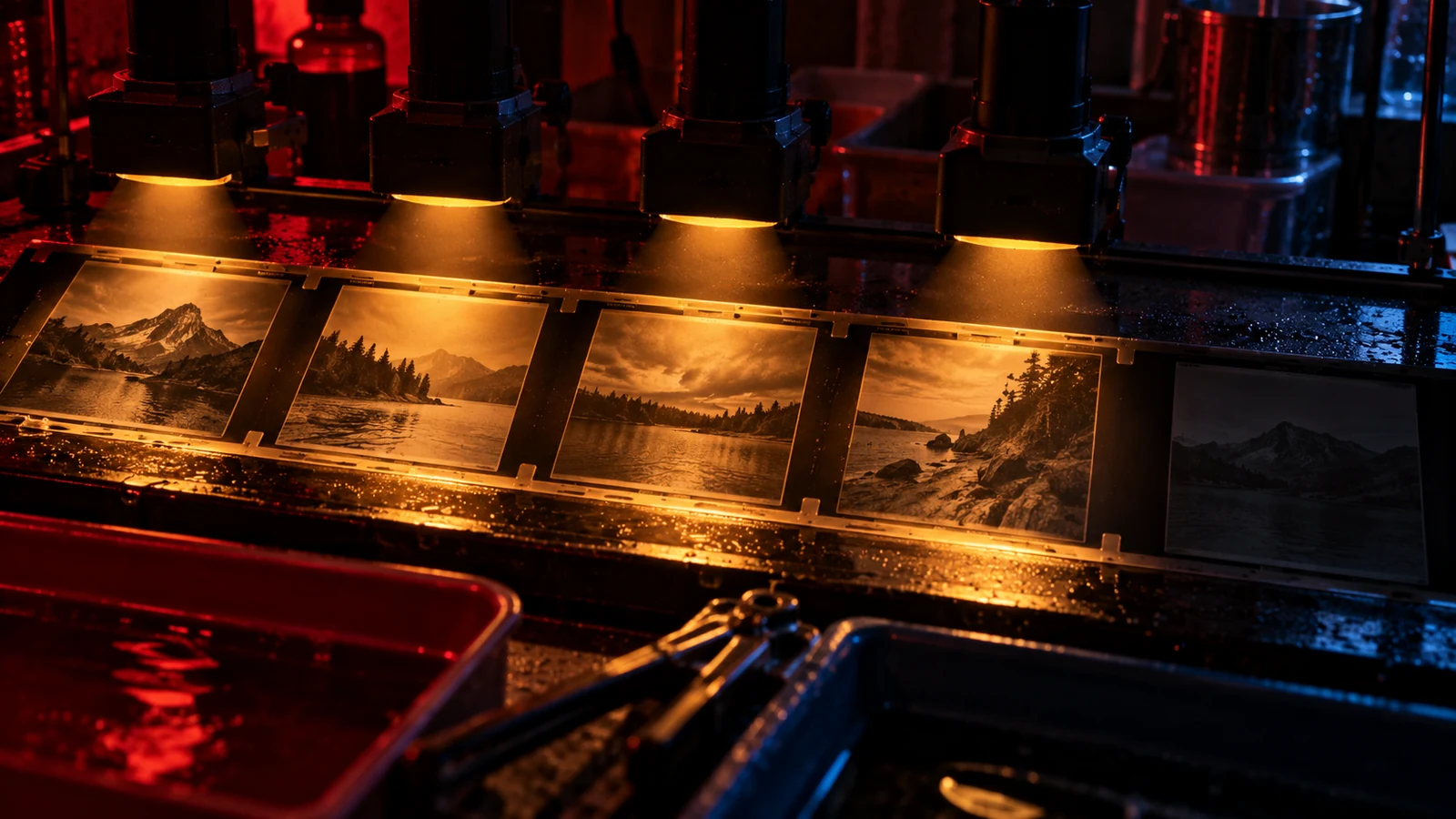Four photographic prints sit beneath enlarger lights while one unmarked print remains in shadow