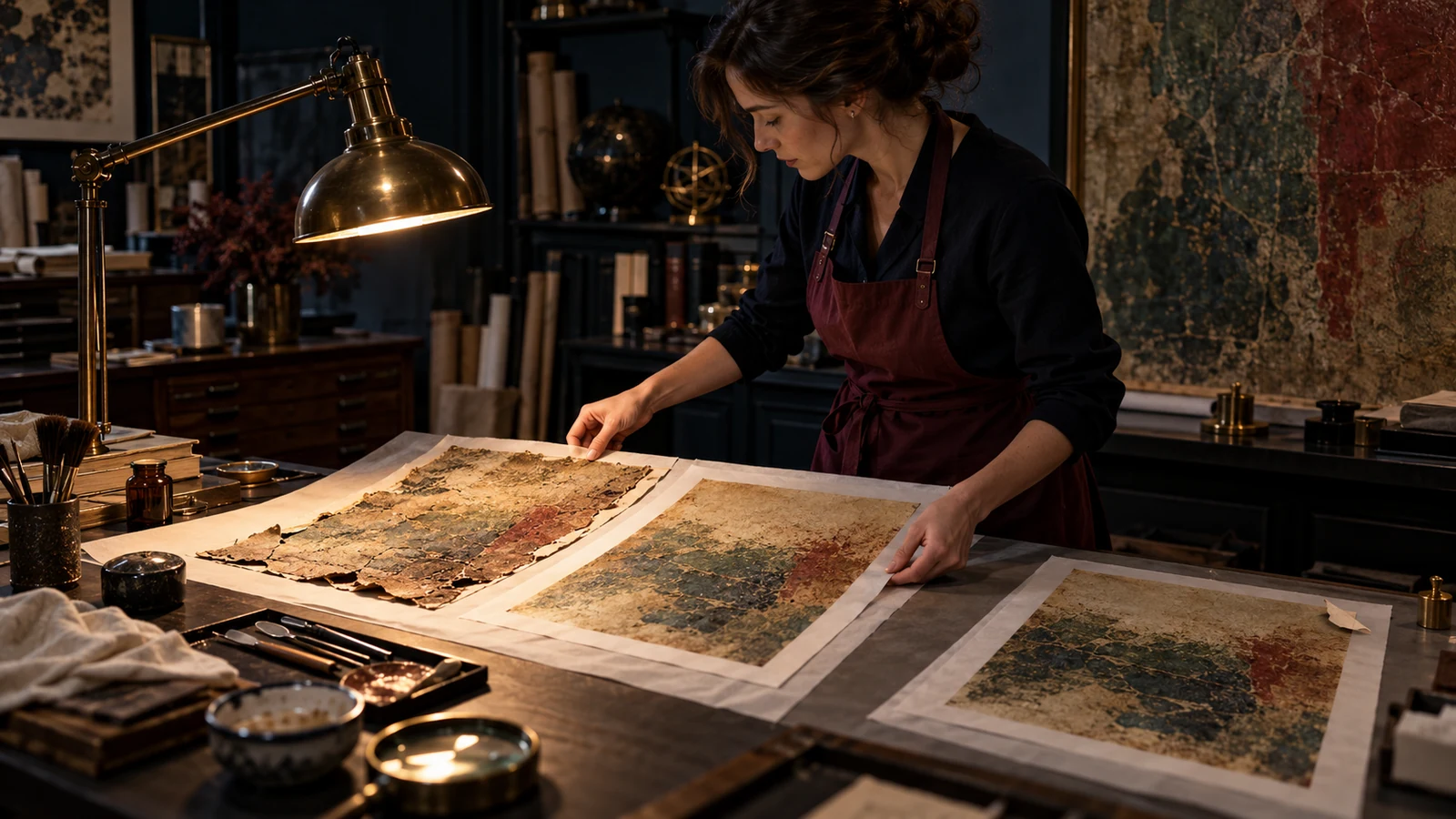A standing conservator compares an original work with meaningful and cosmetic revisions