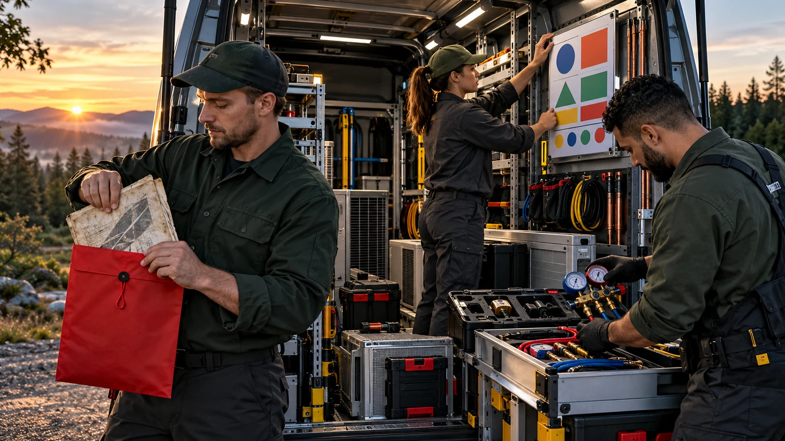 Three HVAC technicians replace an obsolete field manual while preparing updated equipment