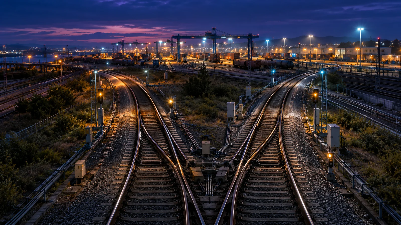 An aerial rail junction divides into two illuminated routes before reaching the same freight terminal at night